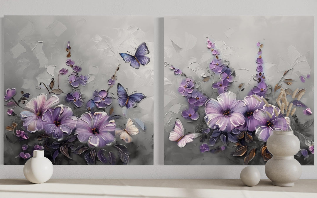 Purple Floral Butterfly Canvas Wall Art Set of 2