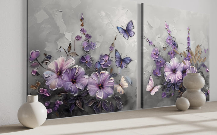 Purple Floral Butterfly Canvas Wall Art Set of 2