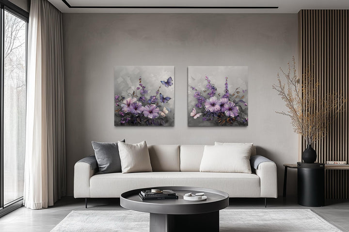 Purple Floral Butterfly Canvas Wall Art Set of 2