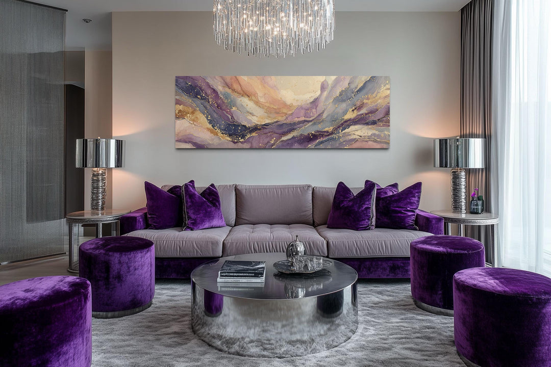 Purple Gold Marble Long Horizontal Abstract Framed Canvas Wall Art