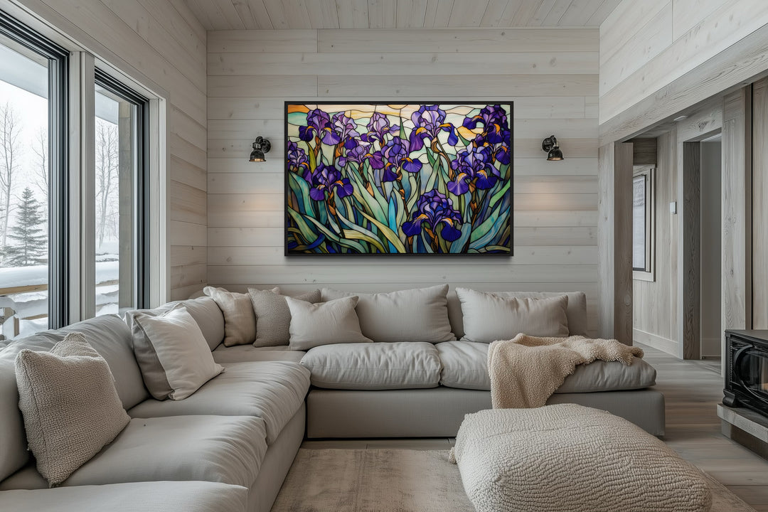 Purple Irises Field Stained Glass Style Art Deco Wall Art
