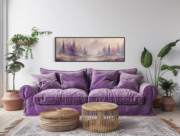 Purple Lake Mountains And Trees Landscape Long Horizontal Wall Art