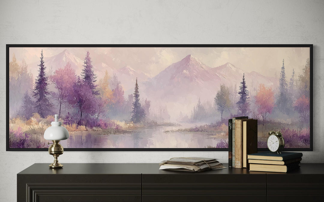 Purple Lake Mountains And Trees Landscape Long Horizontal Wall Art