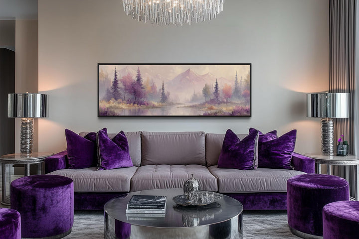 Purple Lake Mountains And Trees Landscape Long Horizontal Wall Art