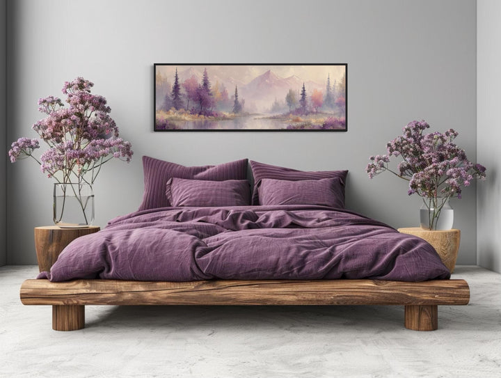 Purple Lake Mountains And Trees Landscape Long Horizontal Wall Art