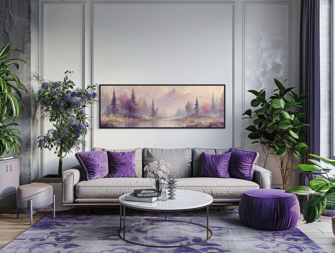 Purple Lake Mountains And Trees Landscape Long Horizontal Wall Art
