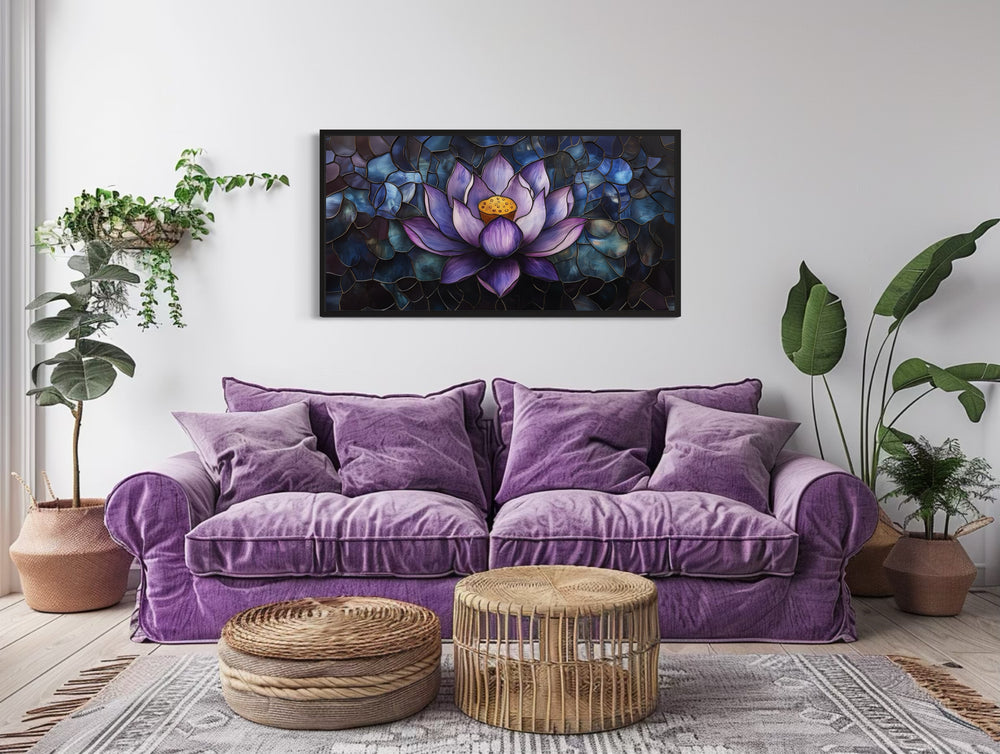 Purple Lotus Flower Stained Glass Style Framed Canvas Wall Art