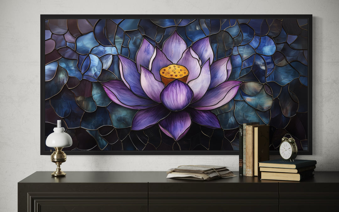 Purple Lotus Flower Stained Glass Style Framed Canvas Wall Art