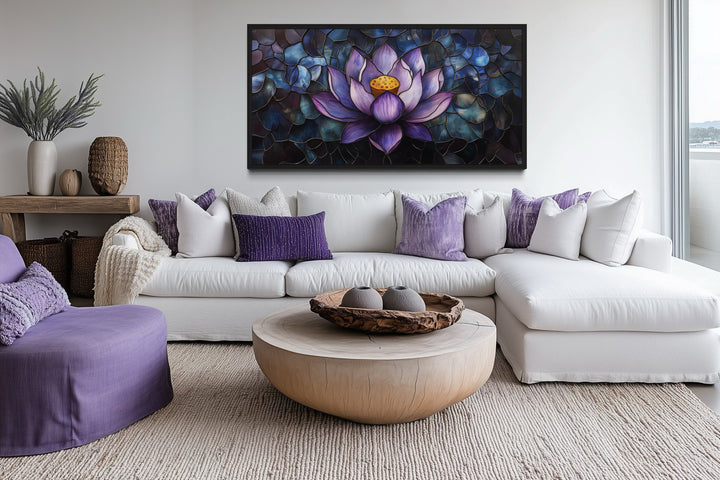 Purple Lotus Flower Stained Glass Style Framed Canvas Wall Art