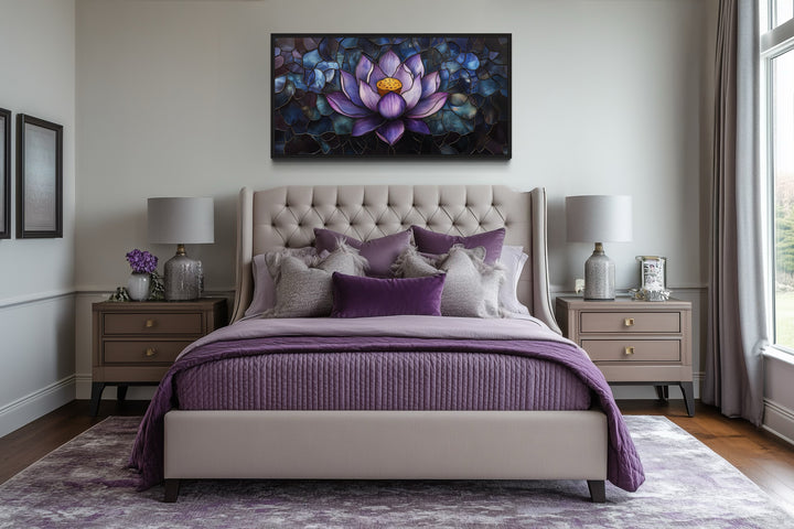Purple Lotus Flower Stained Glass Style Framed Canvas Wall Art