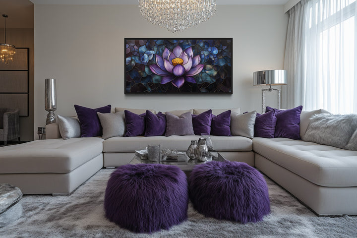 Purple Lotus Flower Stained Glass Style Framed Canvas Wall Art