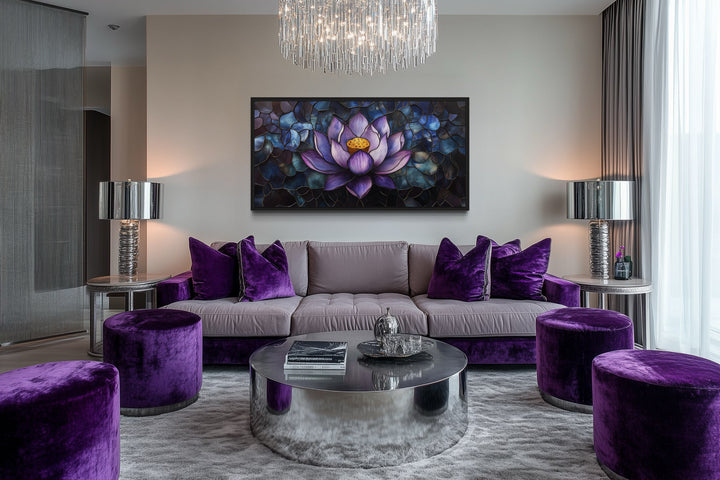 Purple Lotus Flower Stained Glass Style Framed Canvas Wall Art