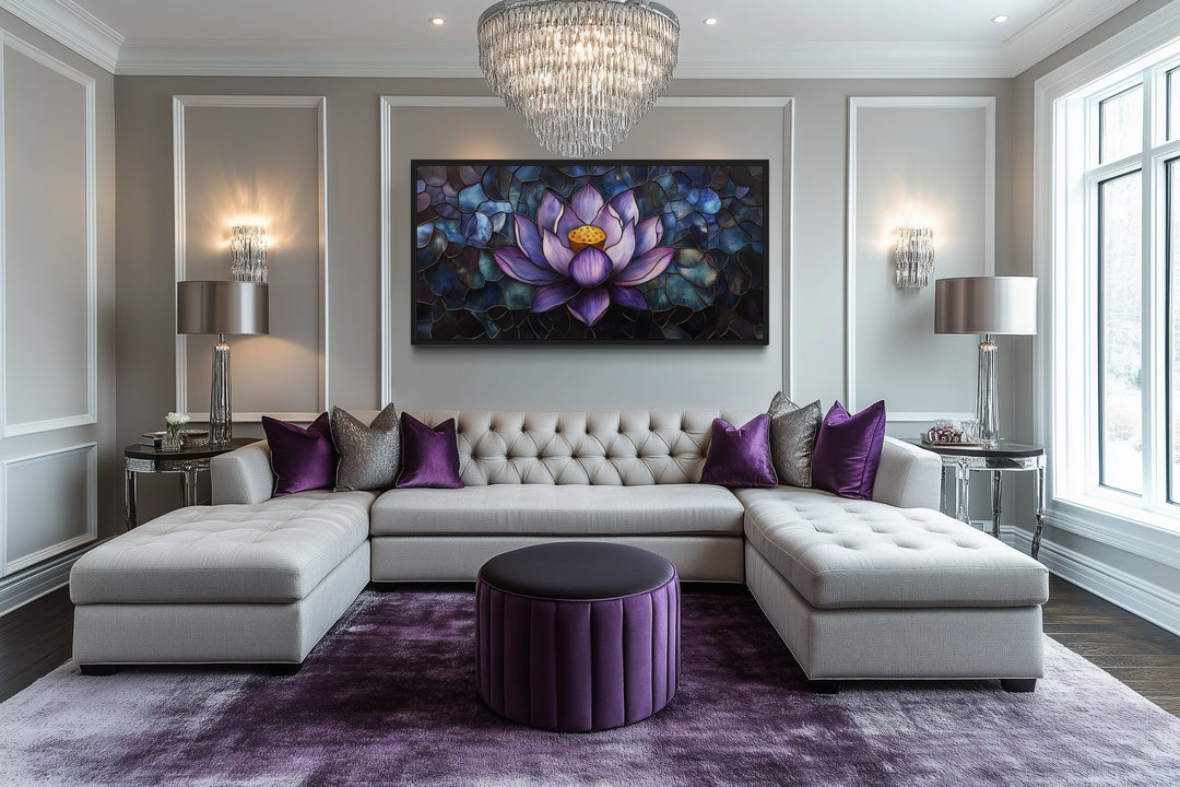 Purple Lotus Flower Stained Glass Style Framed Canvas Wall Art