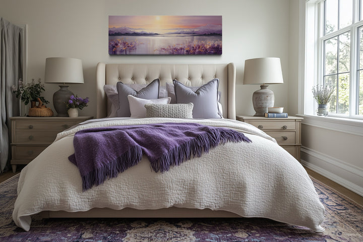 Purple Mountain Lake Sunset Painting long Horizontal Wall Art