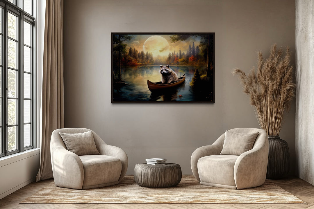 Raccoon In Canoe Moody Framed Canvas Wall Art For Cabin Decor