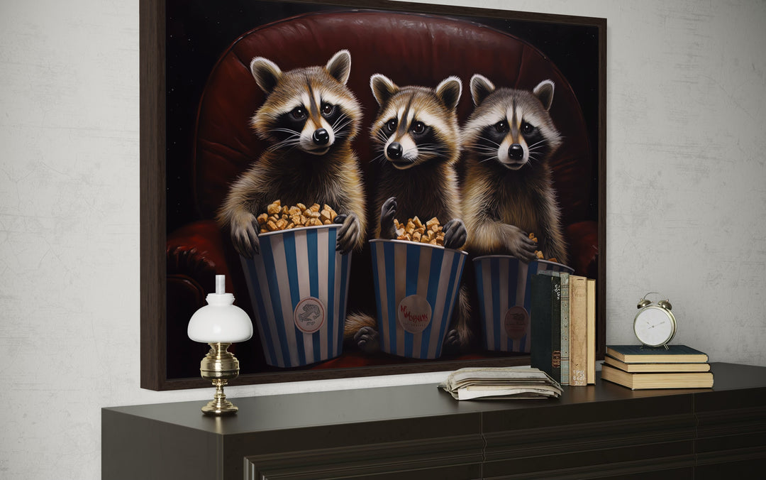 Raccoons In Movie Theater Eating Popcorn Home Theater Framed Canvas Wall Art