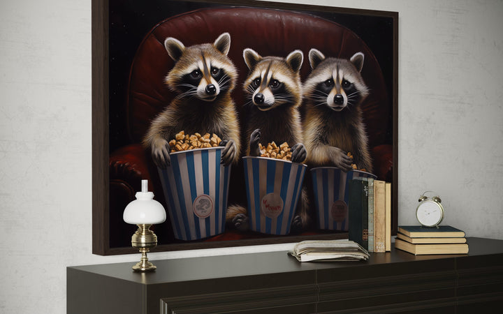 Raccoons In Movie Theater Eating Popcorn Home Theater Framed Canvas Wall Art