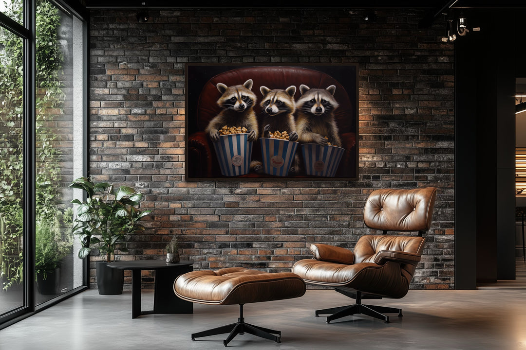 Raccoons In Movie Theater Eating Popcorn Home Theater Framed Canvas Wall Art