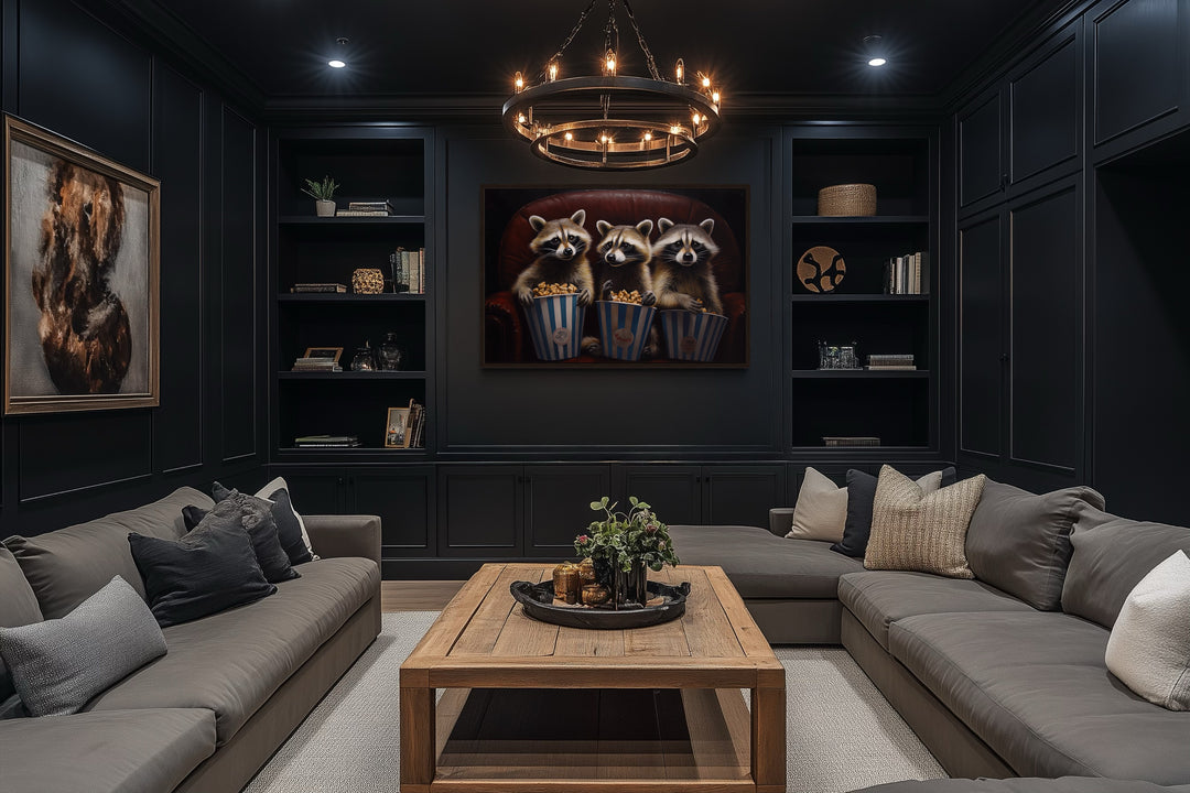 Raccoons In Movie Theater Eating Popcorn Home Theater Framed Canvas Wall Art