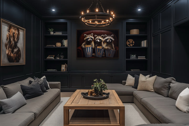 Raccoons In Movie Theater Eating Popcorn Home Theater Framed Canvas Wall Art