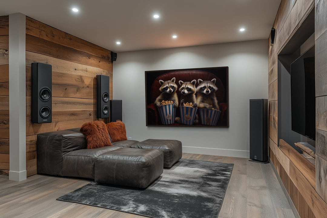 Raccoons In Movie Theater Eating Popcorn Home Theater Framed Canvas Wall Art