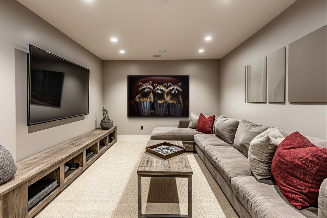 Raccoons In Movie Theater Eating Popcorn Home Theater Framed Canvas Wall Art