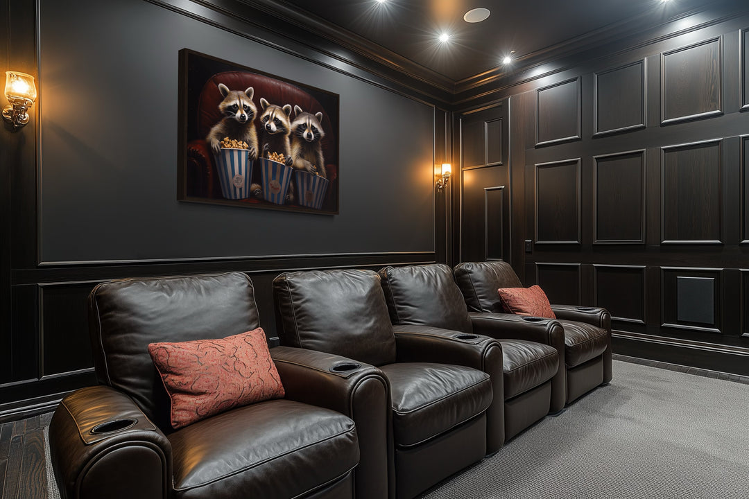Raccoons In Movie Theater Eating Popcorn Home Theater Framed Canvas Wall Art