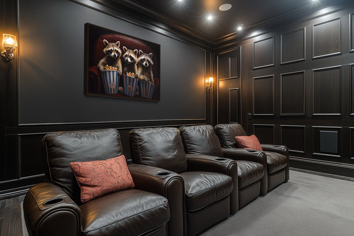 Raccoons In Movie Theater Eating Popcorn Home Theater Framed Canvas Wall Art