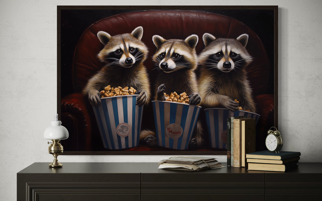 Raccoons In Movie Theater Eating Popcorn Home Theater Framed Canvas Wall Art