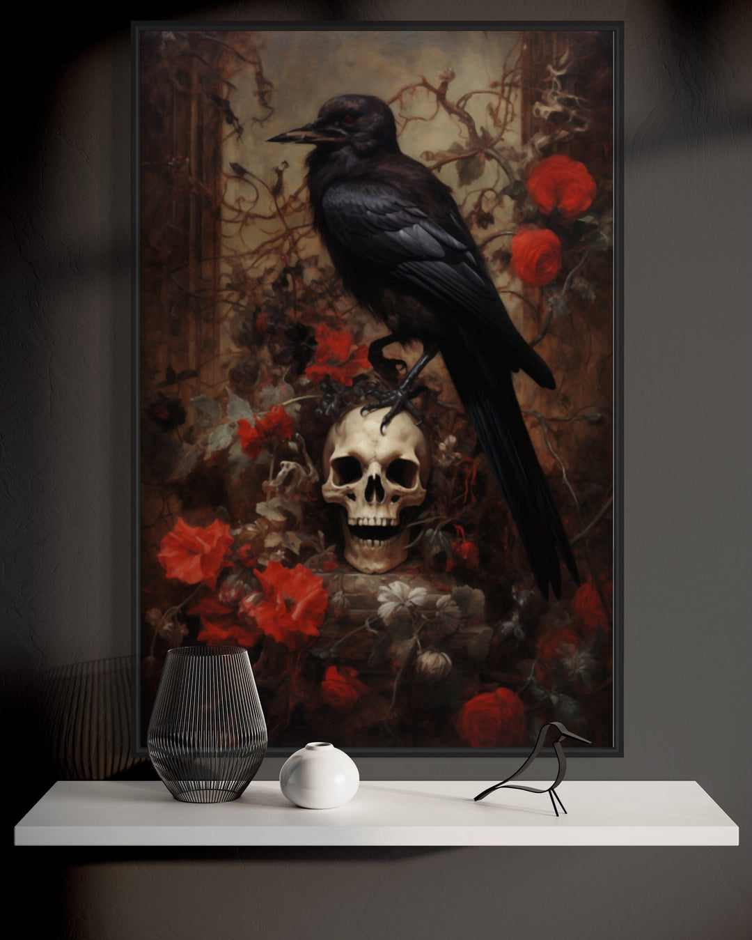 Raven On A Human Skull And Withered Flowers Gothic Framed Canvas Wall Art
