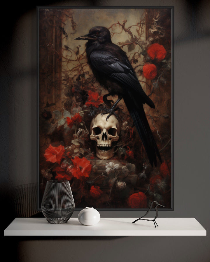 Raven On A Human Skull And Withered Flowers Gothic Framed Canvas Wall Art