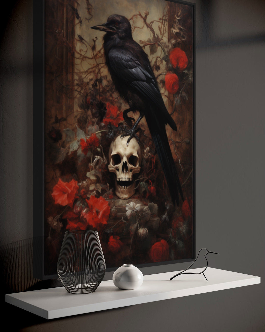 Raven On A Human Skull And Withered Flowers Gothic Framed Canvas Wall Art