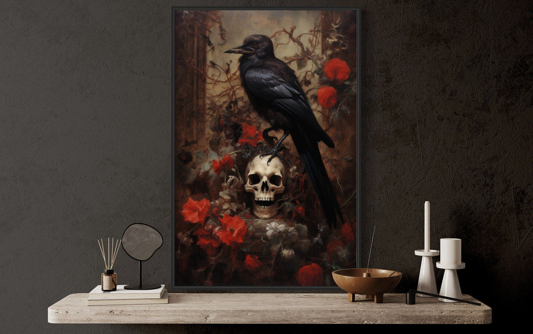 Raven On A Human Skull And Withered Flowers Gothic Framed Canvas Wall Art