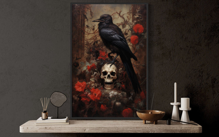 Raven On A Human Skull And Withered Flowers Gothic Framed Canvas Wall Art