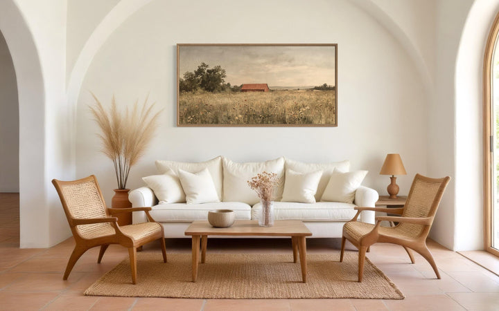 Red Barn in Wildflower Field Neutral Country Farmhouse Wall Art