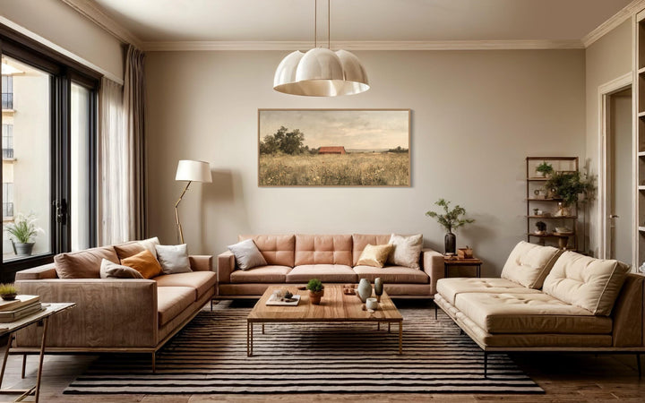 Red Barn in Wildflower Field Neutral Country Farmhouse Wall Art
