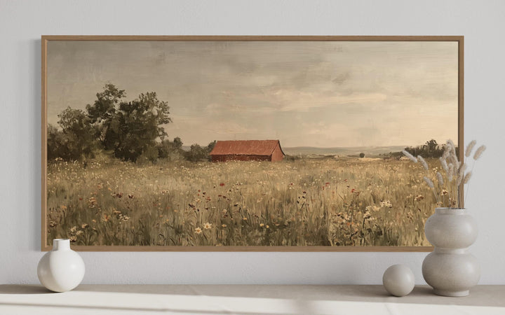 Red Barn in Wildflower Field Neutral Country Farmhouse Wall Art