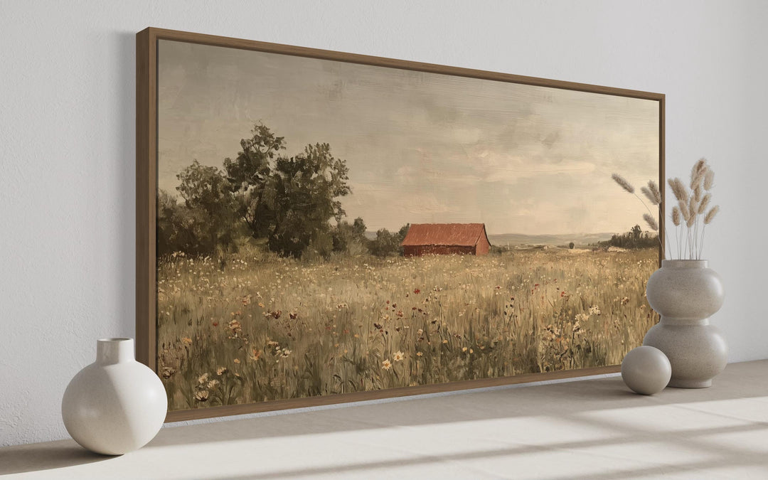 Red Barn in Wildflower Field Neutral Country Farmhouse Wall Art