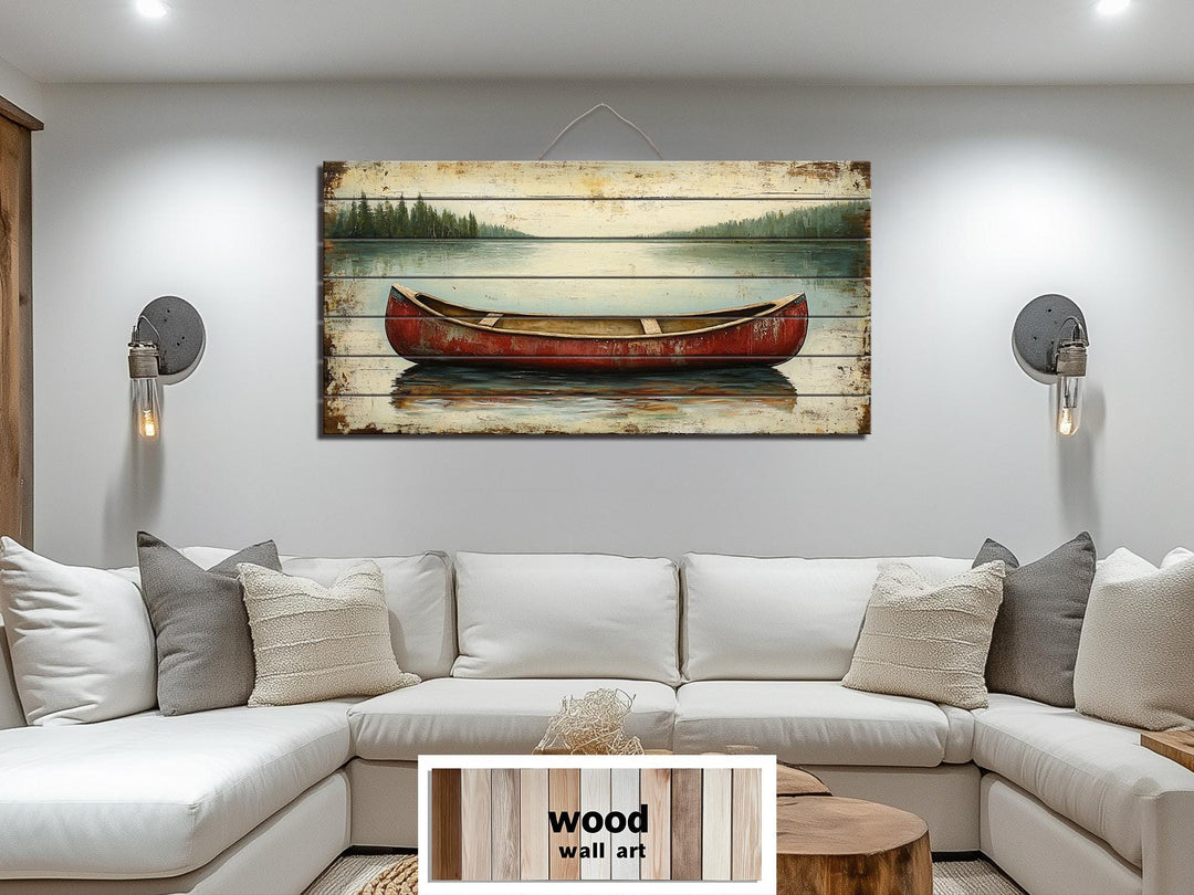 Red Canoe In Lake Distressed Wood Wall Art