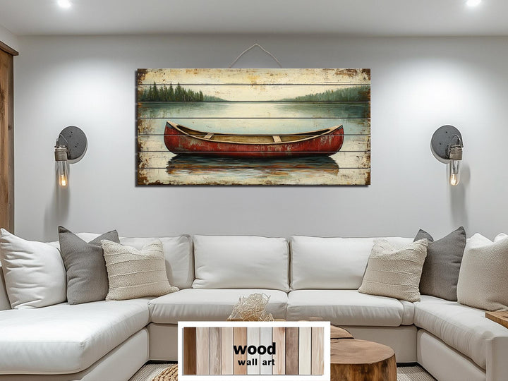 Red Canoe In Lake Distressed Wood Wall Art