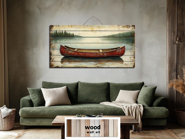 Red Canoe In Lake Distressed Wood Wall Art