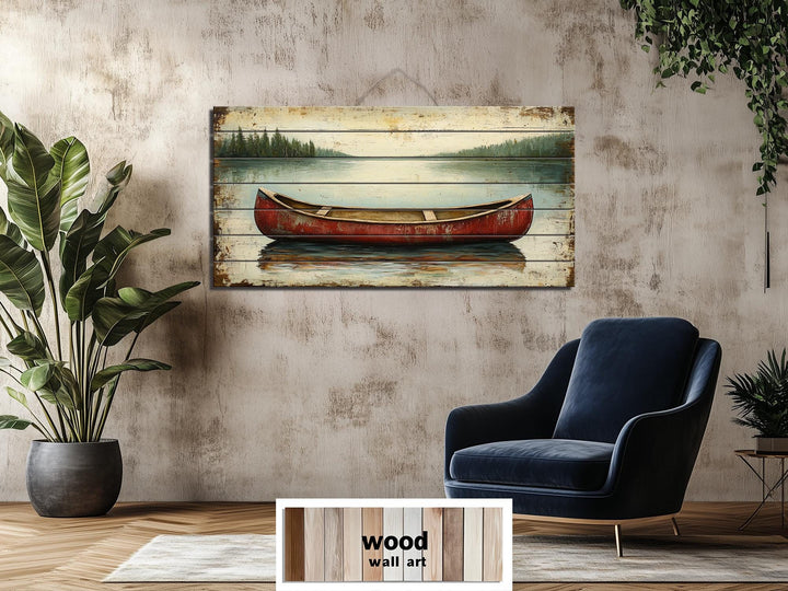 Red Canoe In Lake Distressed Wood Wall Art
