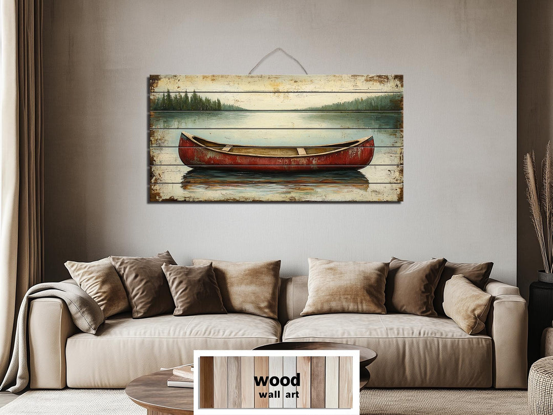 Red Canoe In Lake Distressed Wood Wall Art