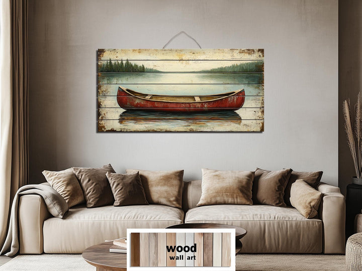 Red Canoe In Lake Distressed Wood Wall Art