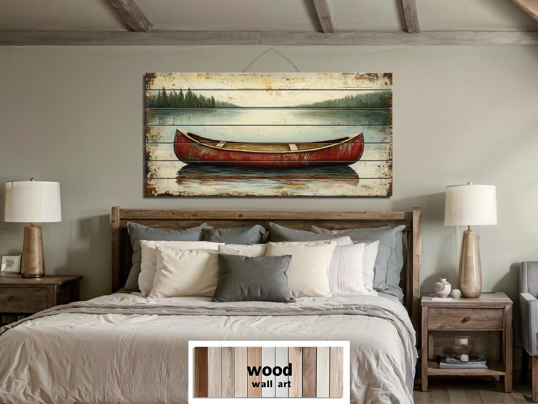 Red Canoe In Lake Distressed Wood Wall Art