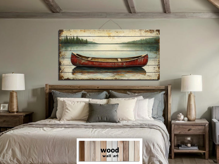 Red Canoe In Lake Distressed Wood Wall Art