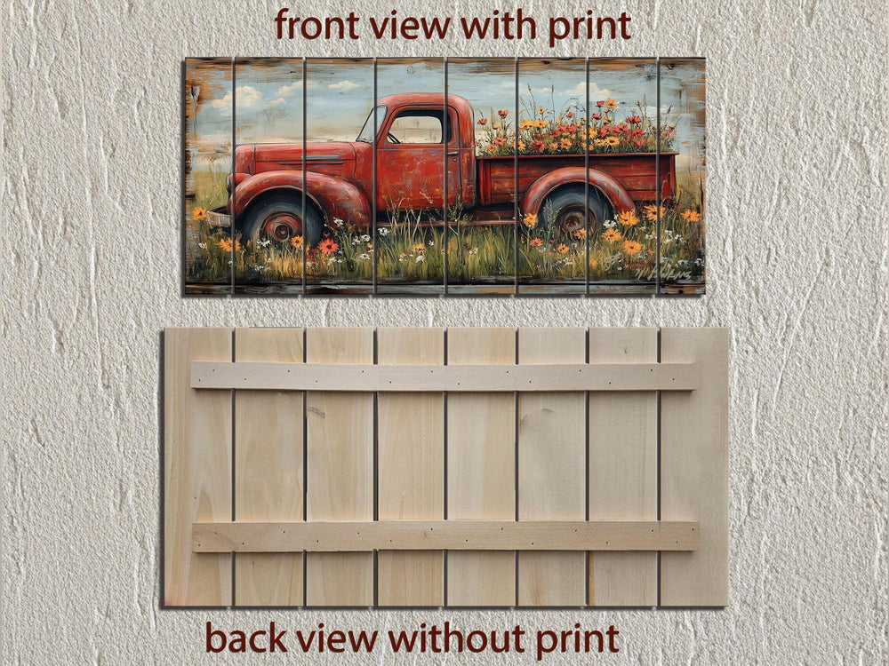 Red Farm Truck With Flowers Distressed Wood Wall Art
