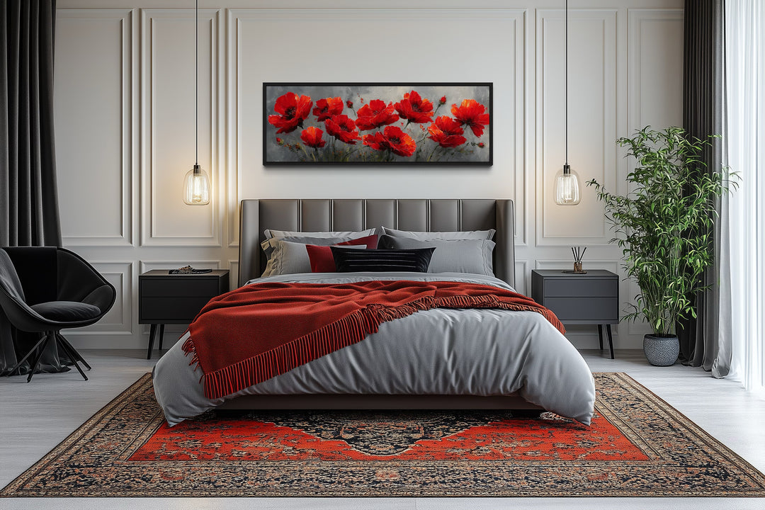 Red Poppies on Grey Background Horizontal Framed Canvas Wall Art