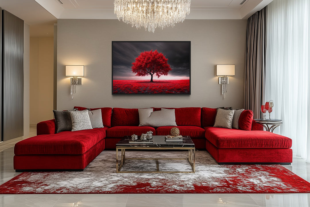 Red Tree On Black Background Framed Canvas Red Accent Wall Art