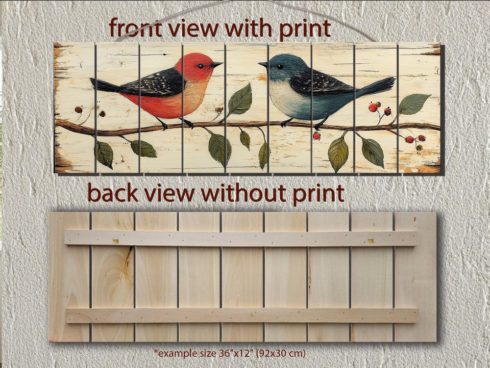 Red and Blue Birds on Branch Long Horizontal Distressed Wood Wall Art